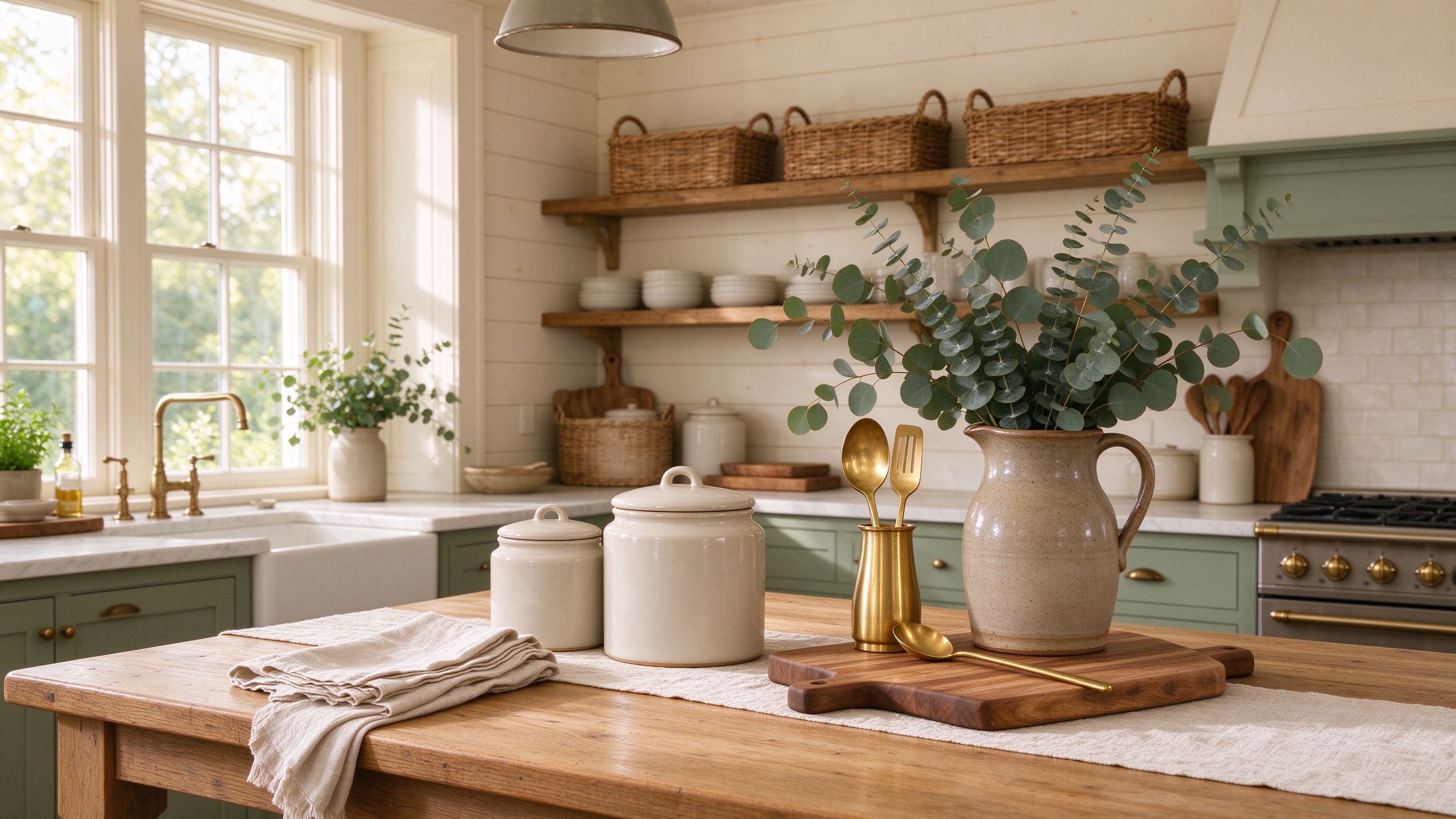 Warm American farmhouse kitchen styled with Lauchey ceramics, linen and wood pieces