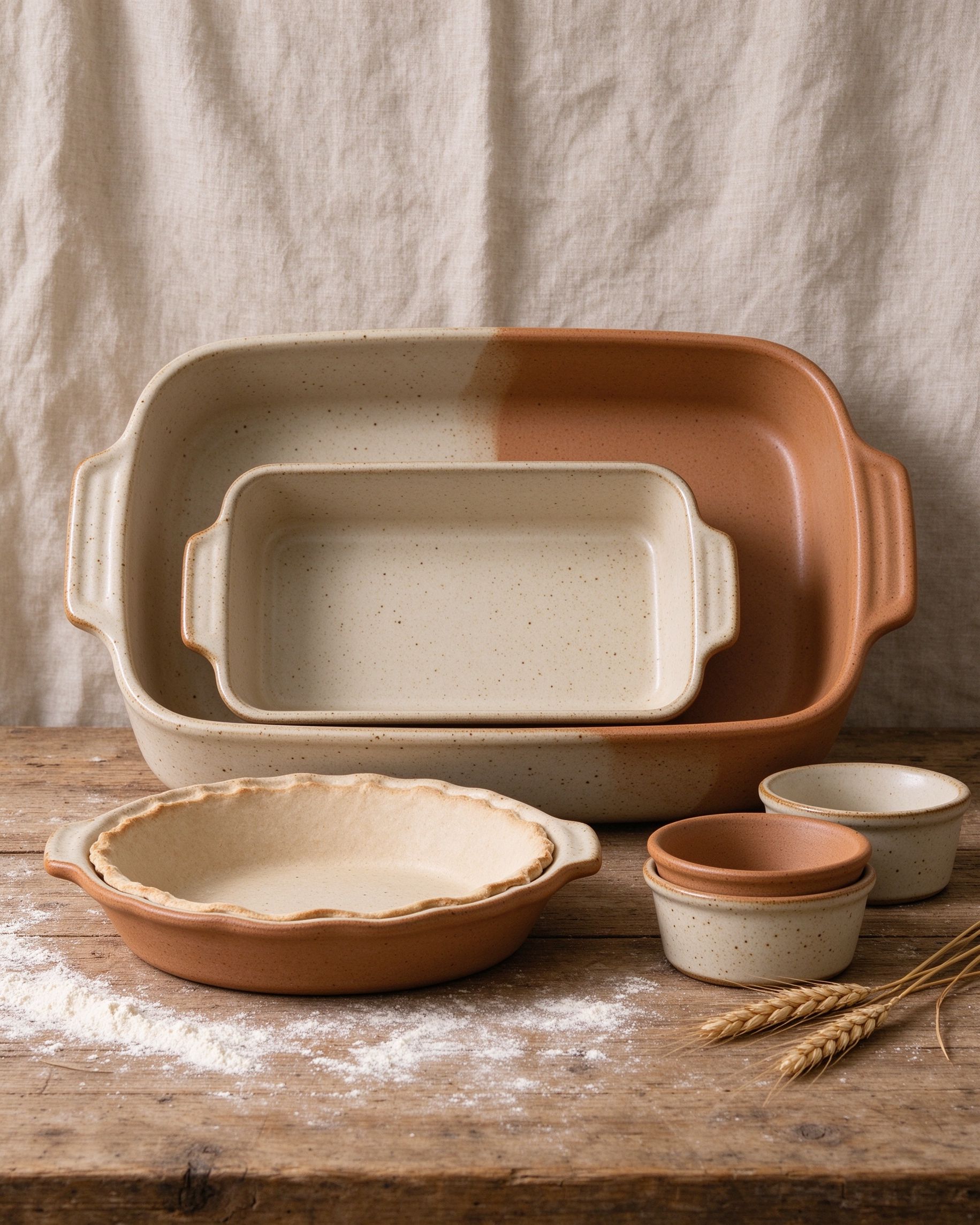Lauchey stoneware baking collection on a farmhouse table